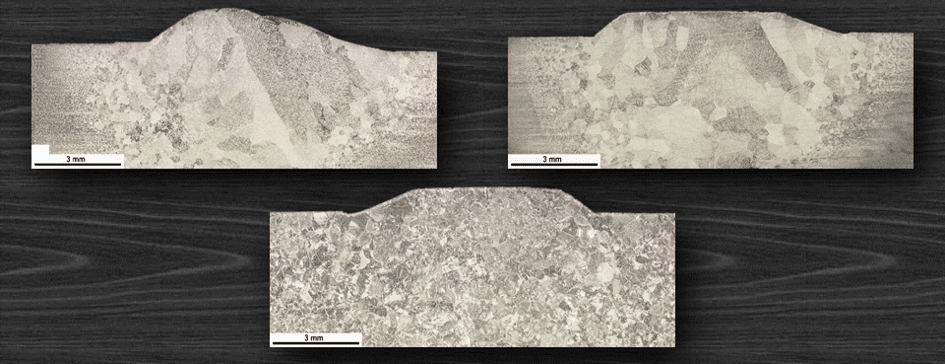 Macrographs of as-deposited (top-left), cold-rolled (top-right) and cold-rolled with laser processing (bottom). Macrographs of as-deposited (top-left), cold-rolled (top-right) showing large grains and cold-rolled with laser processing (bottom), showing significantly smaller grains.